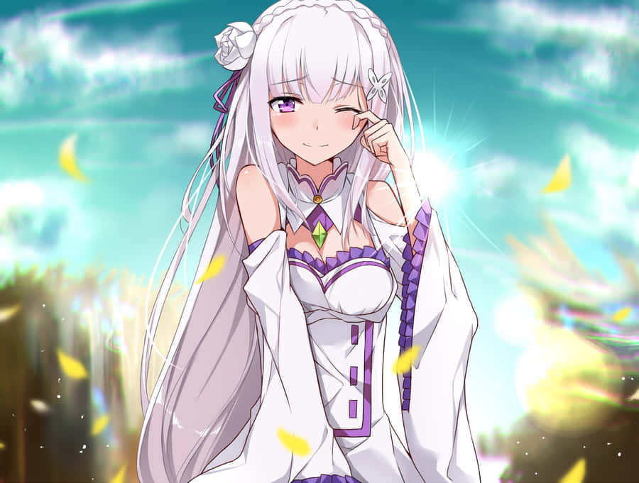 Stunning Re:zero Emilia Artwork Against A Beautiful Cosmic Background Wallpaper