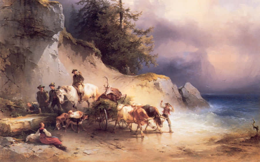 Stunning Still Life Oil Painting Featuring Fruits And Floral Vases Wallpaper