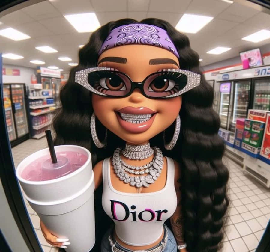 Stylish Animated Black Barbie Doll Convenience Store Wallpaper