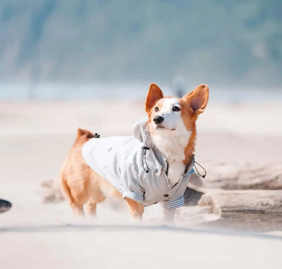 Stylish Corgi On Beach Wearing Jacket Wallpaper