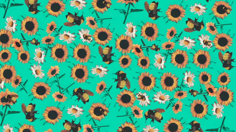 Sunflower Pattern On Green Wallpaper