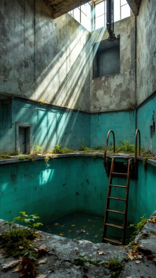 Sunlit Abandoned Indoor Pool Wallpaper