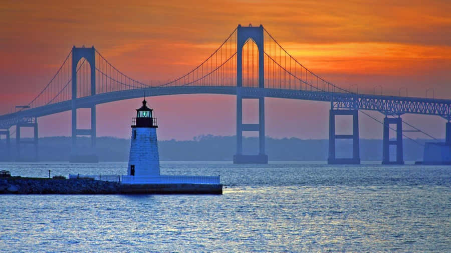 Sunset Bridge Lighthouse Newport Wallpaper