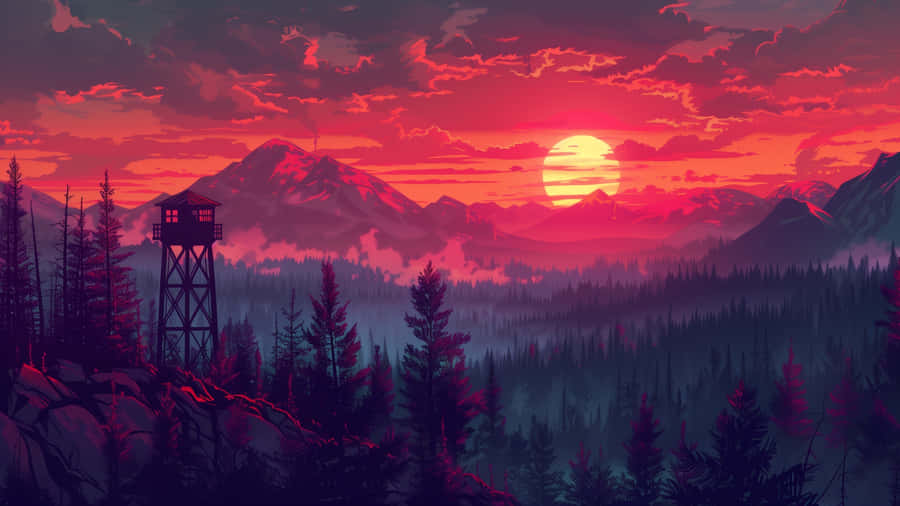 Sunset Over Cartoon Mountain Wallpaper