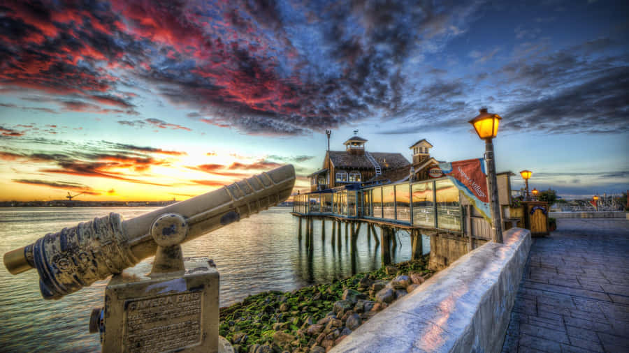 Sunset Over Waterfront Pier H D R Wallpaper