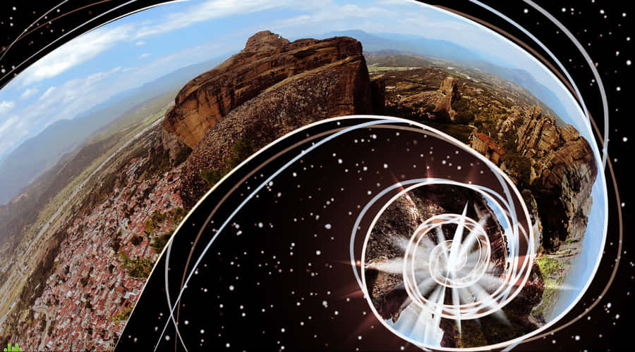 Surreal_ Cliffside_ Town_ Warp Wallpaper