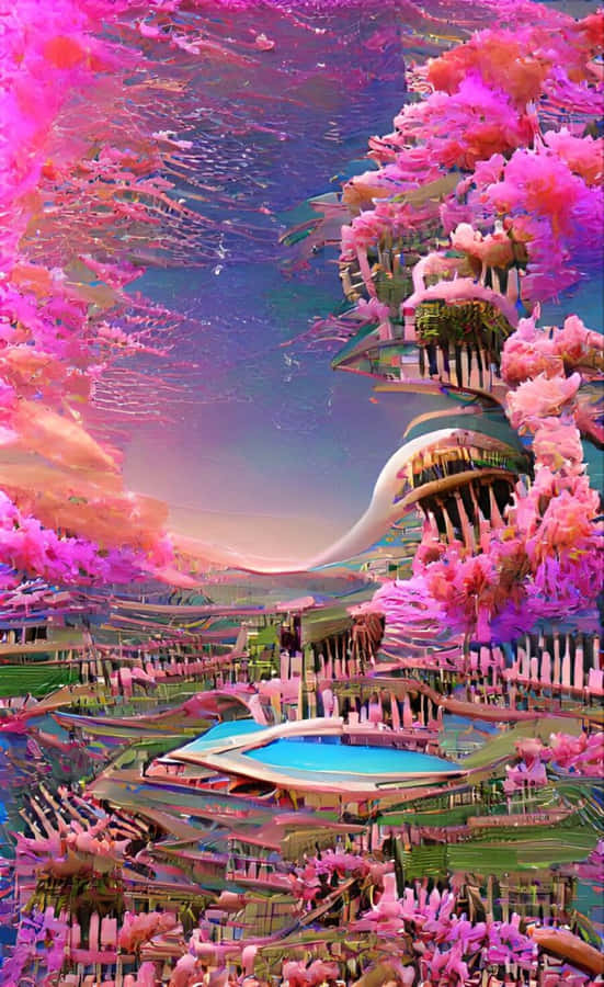 Surreal Pink Utopia Landscape Wallpaper