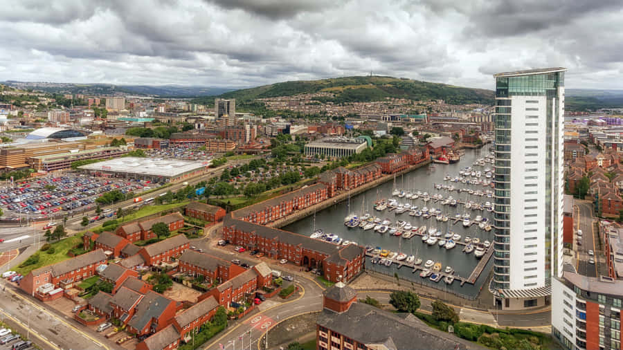 Swansea Cityscape Marina Aerial View Wallpaper