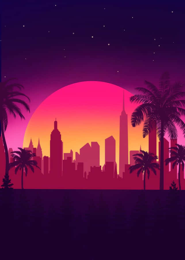 Synthwave City Palm Trees Wallpaper