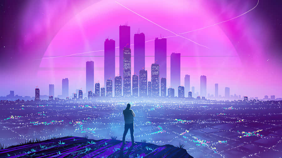 Synthwave City With Person Standing Wallpaper