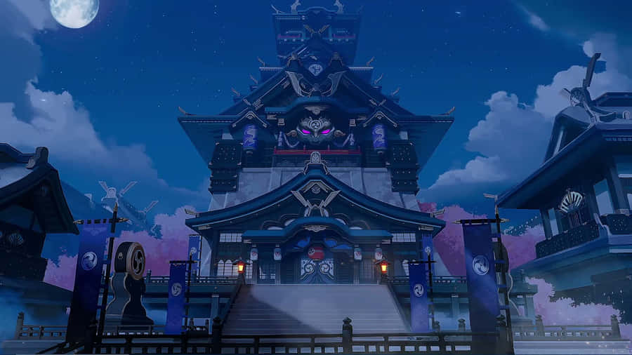 Temple And Moon Inazuma Genshin Wallpaper