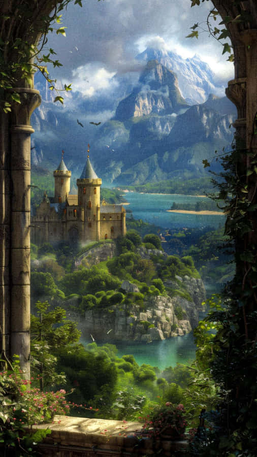 Terrasen Castle And Mountain View Wallpaper