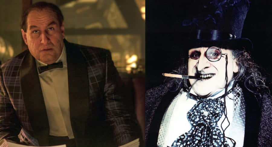 The Dark Knight Confronts Penguin In An Intense Showdown Wallpaper