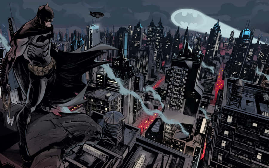 The Iconic Bat Signal Lights Up The Night Sky Wallpaper