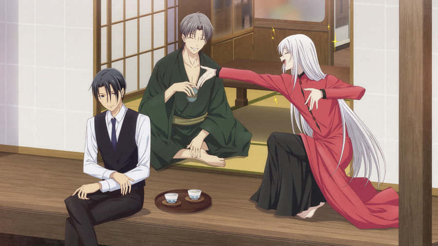 Three Anime Characters Traditional Setting Wallpaper