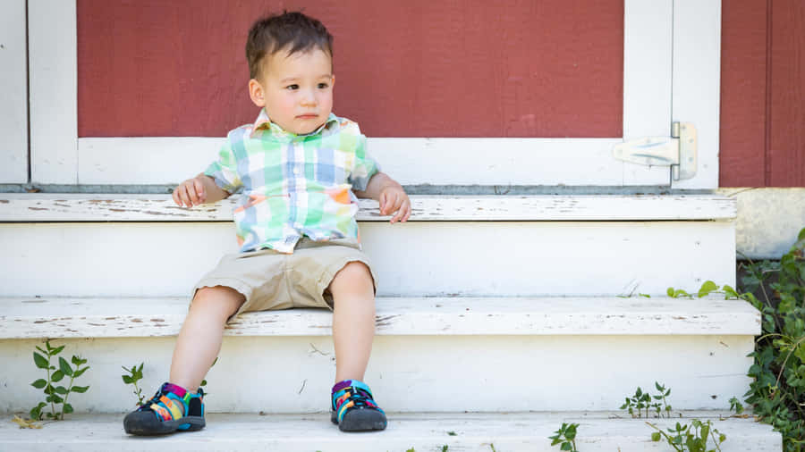Toddler Sittingon Steps Outdoors Wallpaper