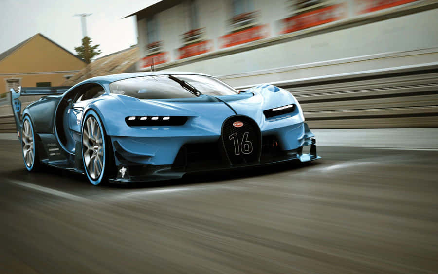 Top 10 Car Blue Bugatti Chiron On Race Track Wallpaper