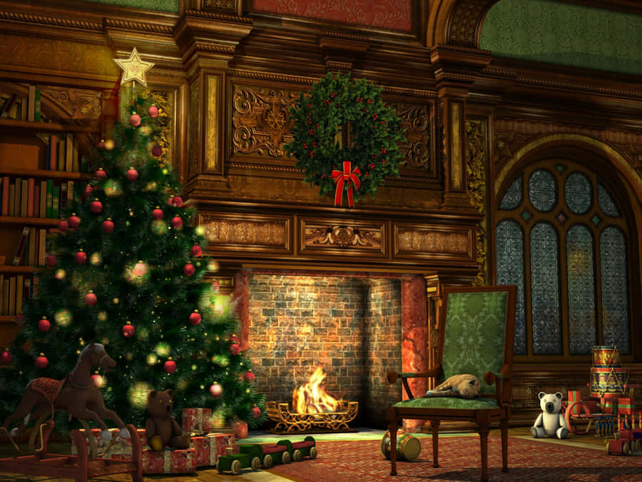 Traditional Christmas Fireplace Scene Wallpaper