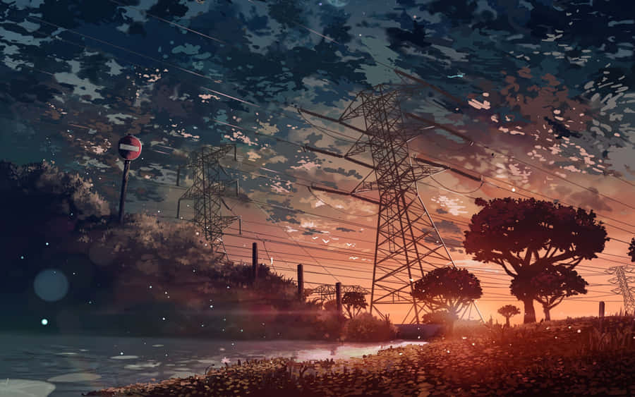 Twilight Industrial Landscape Anime Art Wallpaper