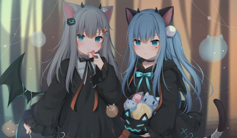 Twin_ Anime_ Demon_ Girls_with_ Cat_ Ears Wallpaper