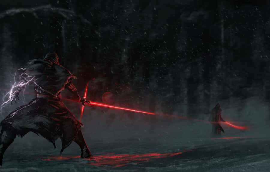 Two Masters Face Off In A Lightsaber Duel Wallpaper