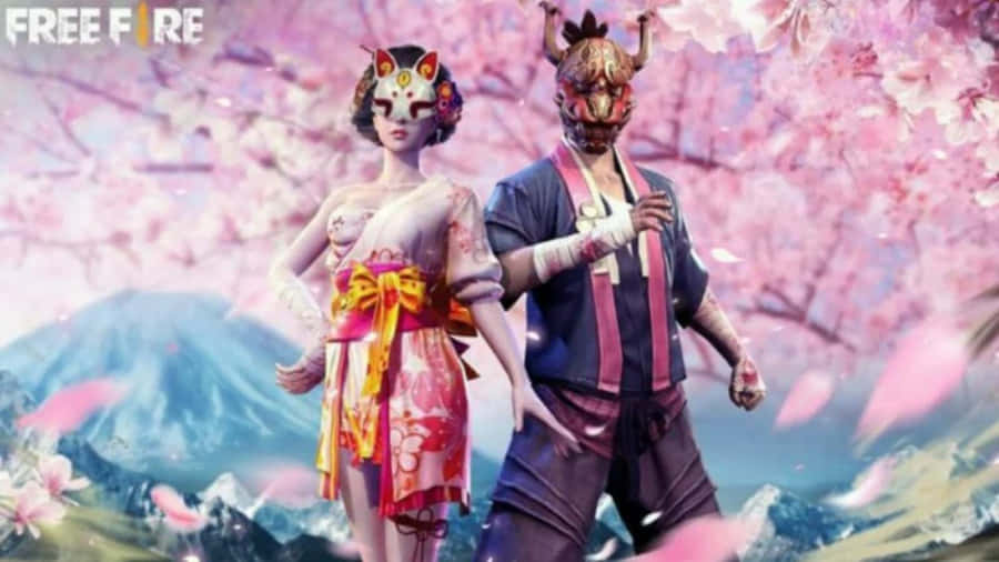 Two People In A Kimono Standing In Front Of A Cherry Blossom Wallpaper