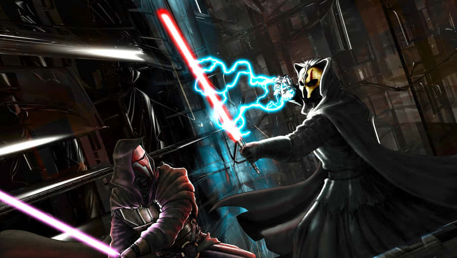 Two Skilled Jedi Locked In An Epic Lightsaber Duel Wallpaper