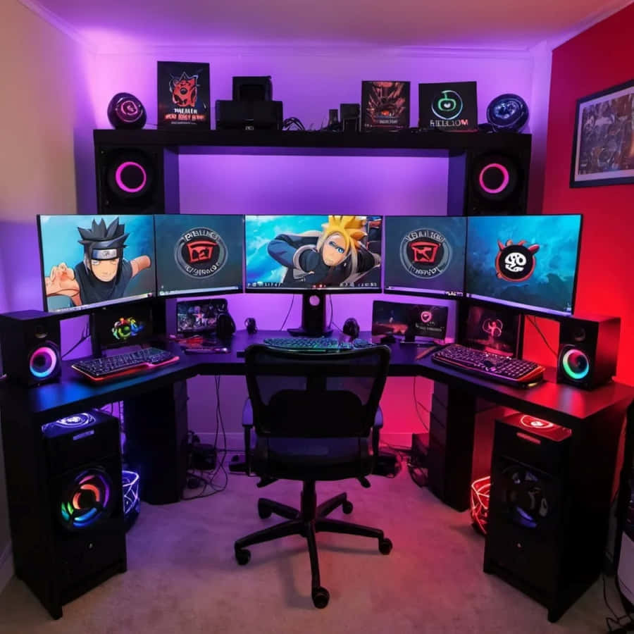 Ultimate Gamer Setupwith Anime Themed Wallpapers Wallpaper