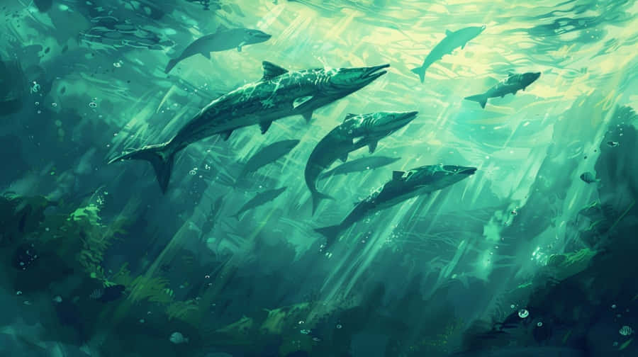 Underwater Barracuda School Artwork Wallpaper