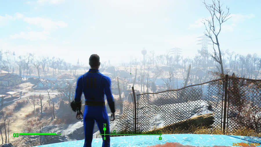 Vault Dweller Overlooking Post Apocalyptic Wasteland Wallpaper