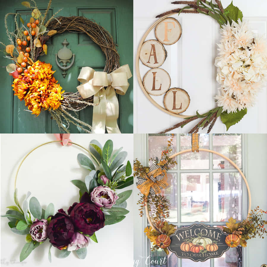 Vibrant Fall Wreath On Rustic Wooden Door Wallpaper