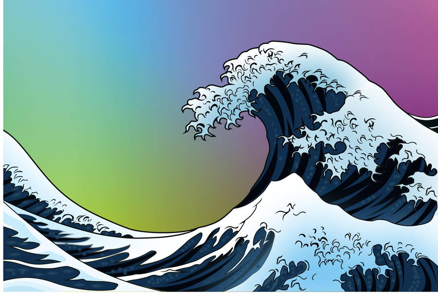 Vibrant Japanese Wave Under A Rainbow Sky Wallpaper
