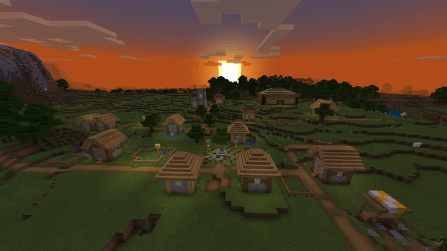 Vibrant Minecraft Village At Dusk Wallpaper