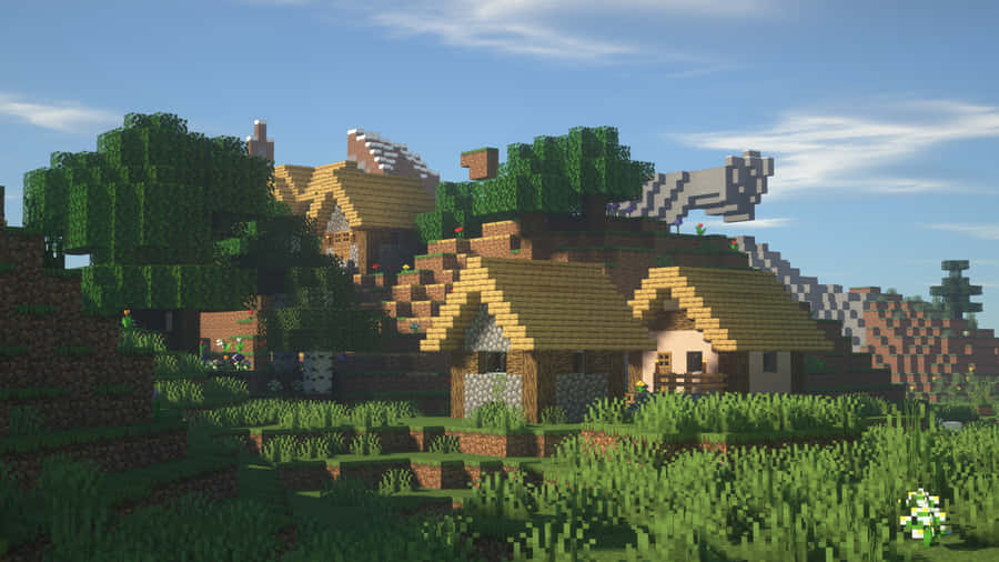 Vibrant Minecraft Village At Dusk Wallpaper