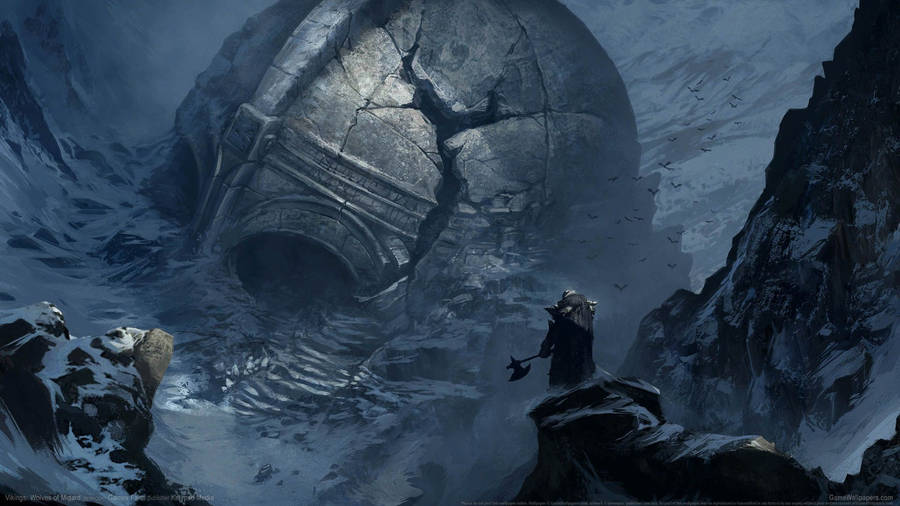 Viking Warriors Stand Strong Against The Ferocious Wolves Of Midgard Wallpaper