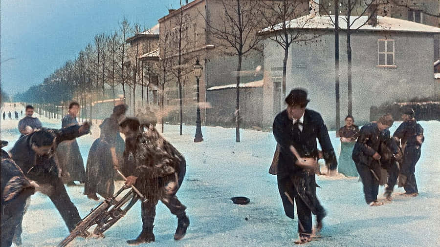 Vintage Snowball Fight Action Wallpaper