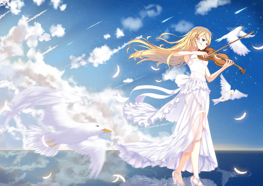 Violinist_ Amidst_ Sky_and_ Seagulls Wallpaper