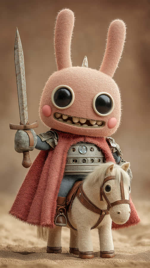 Warrior Bunny Plush Character On Horse With Sword Wallpaper