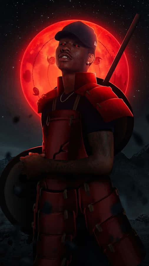 Warriorin Red Armor Under Red Moon Wallpaper