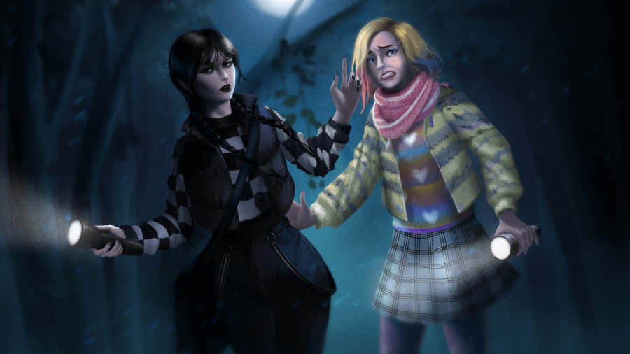 Wednesdayand Enid Nighttime Adventure Wallpaper