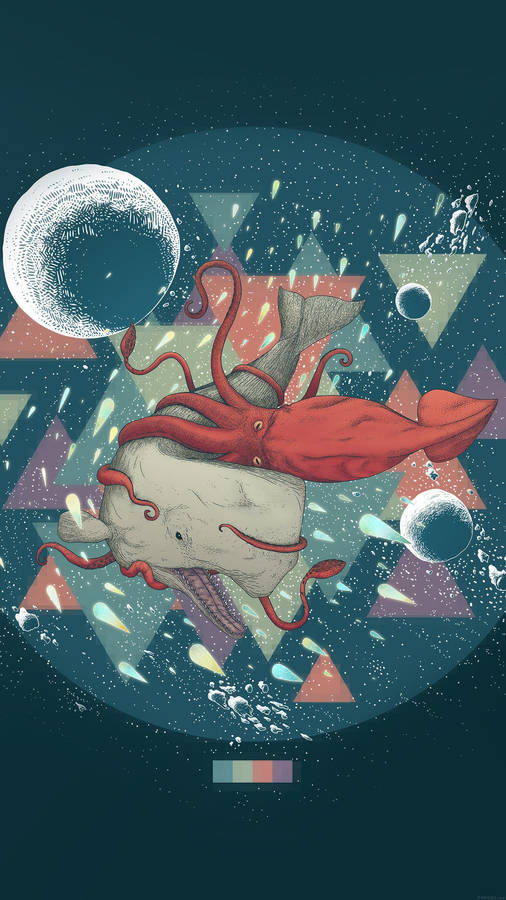 Whale And Squid Art Smartphone Background Wallpaper