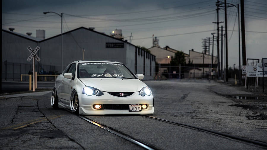 White Jdm Honda Civic On Railroad Wallpaper