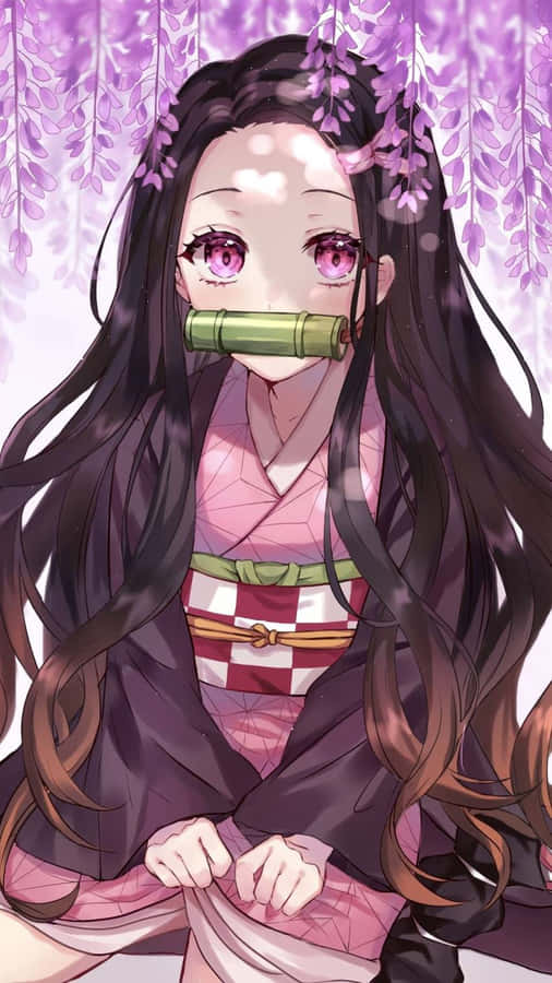 Wholesome And Cute Nezuko Kamado With Sakura Flowers Wallpaper