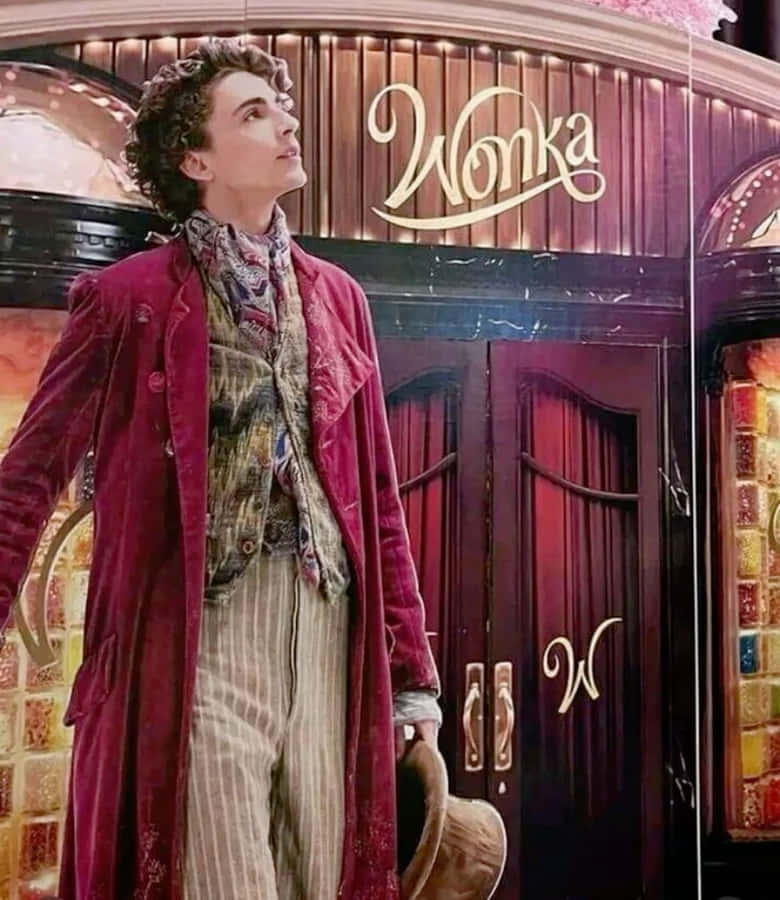 Willy Wonka Outside Chocolate Factory Entrance Wallpaper