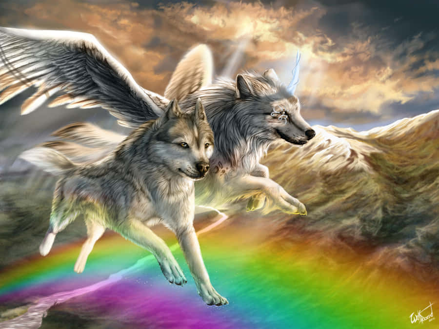 Winged Wolf Over The Rainbow Wallpaper