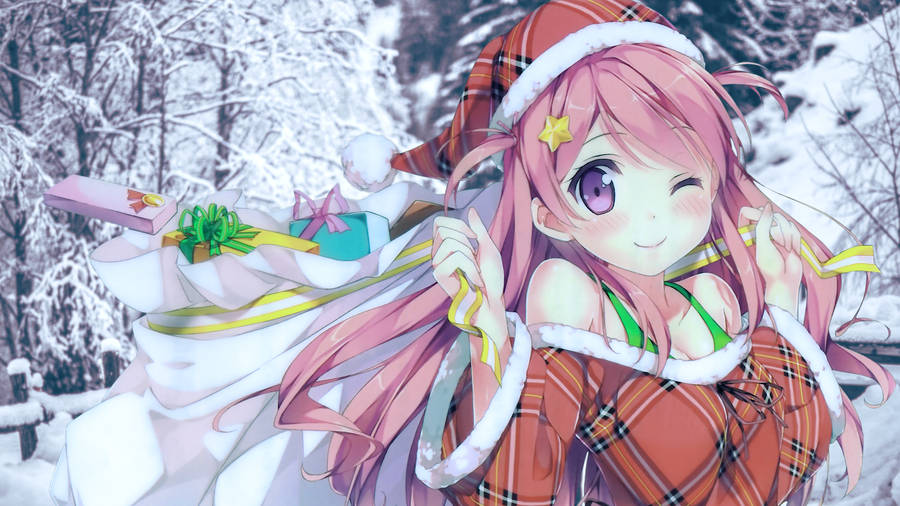 Winking Anime Girl Christmas Background Wallpaper