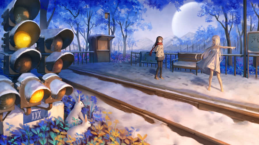 Winter Anime Train Station Wallpaper