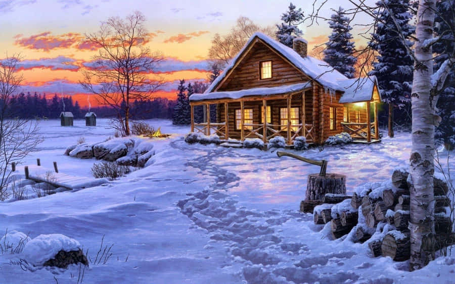 Winter Sunset Log Cabin Snowscape Wallpaper
