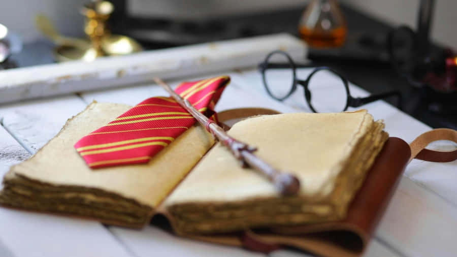 Wizard School Spellbookand Wand Wallpaper