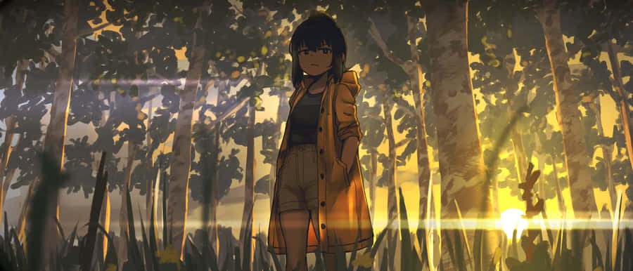 Woman In A Vibrant Yellow Raincoat On A Rainy Day Wallpaper